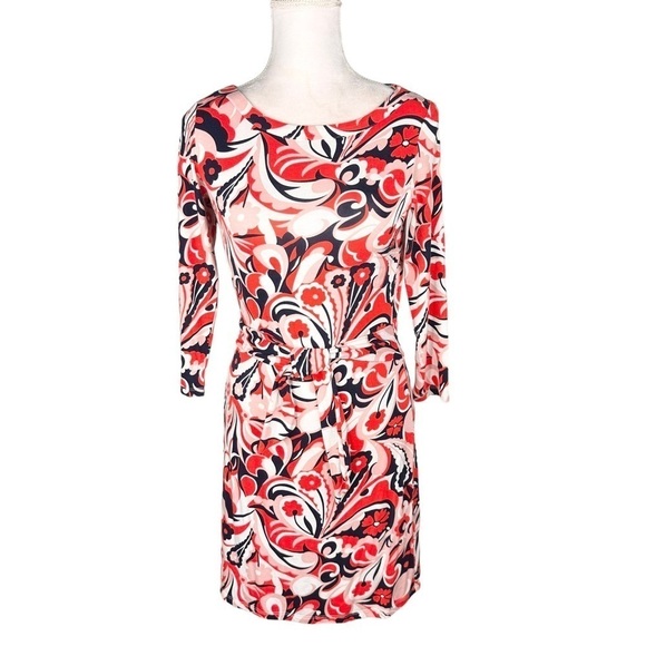 Boden Dresses & Skirts - Boden mini dress tunic t-shirt dress navy blue orangey-red pink print tie belt 6